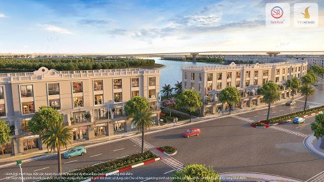 Dãy nhà phố và biệt thự Vinhomes Cần Giờ đang hoàn thiện phần thô, đường nội khu và cây xanh đã hình thành rõ nét 